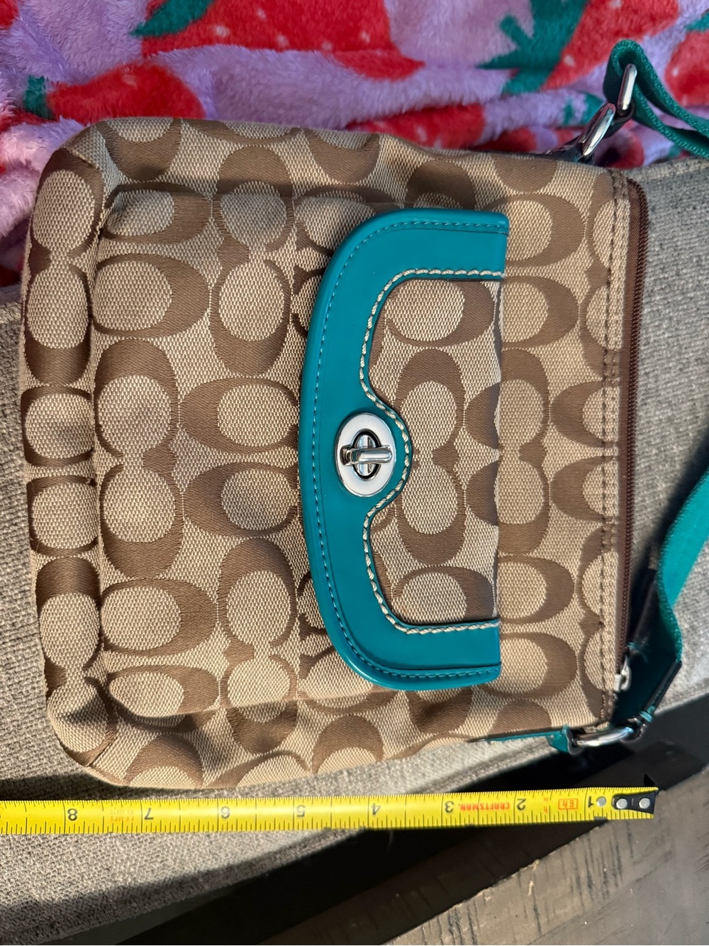 Coach Brown Signature Canvas Crossbody with Teal Trim